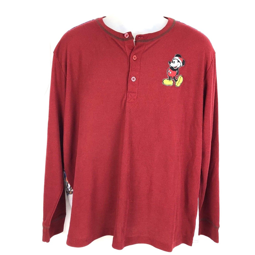 Disney Store Henley Shirt Adult L Red Waffle Thermal Mickey Mouse Christmas